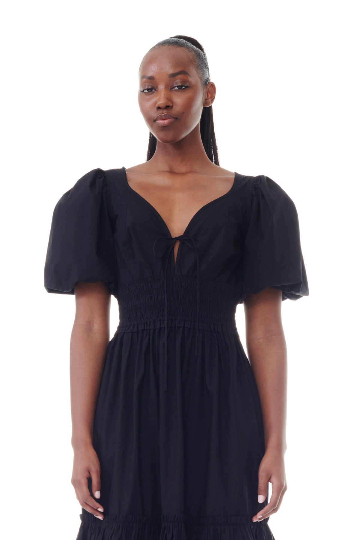 Cotton Poplin Long Smock Dress Pouf Sleeve - Black