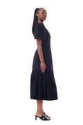 Cotton Poplin Long Smock Dress Pouf Sleeve - Black