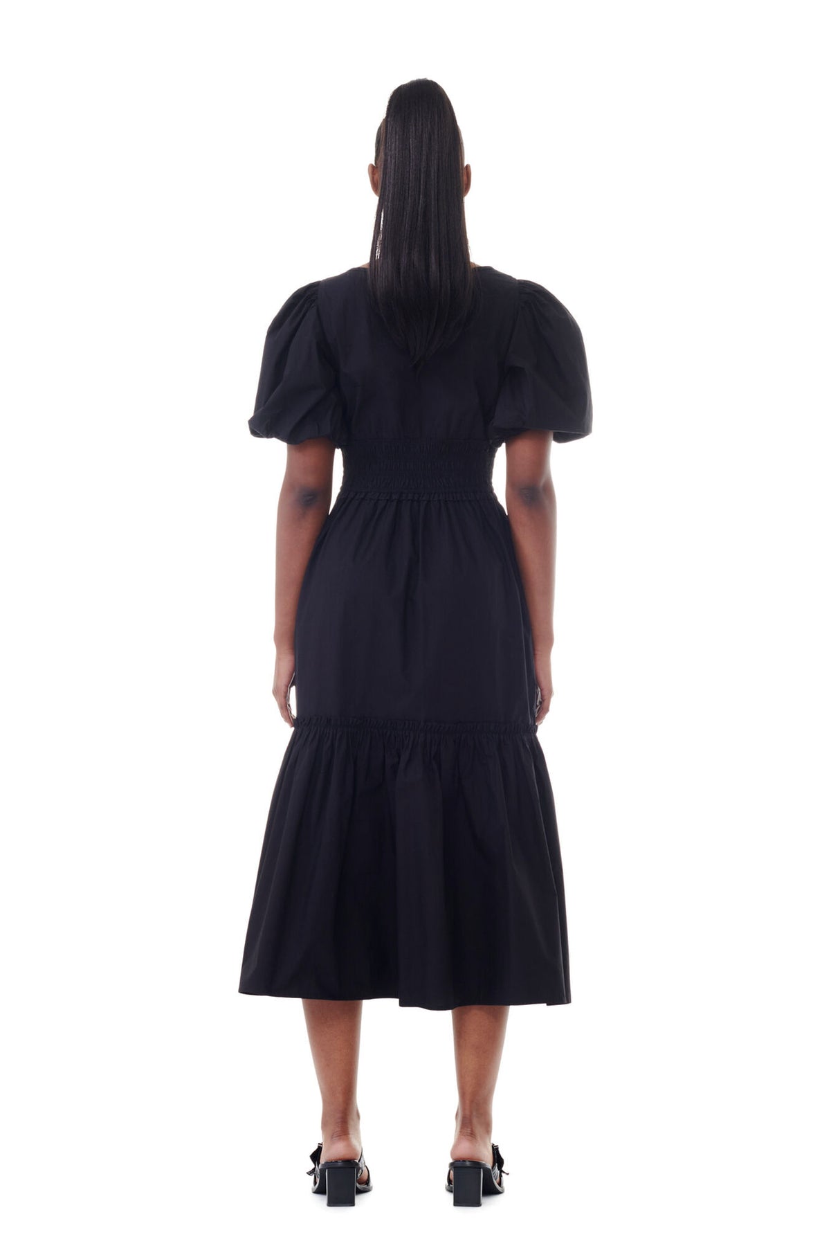 Cotton Poplin Long Smock Dress Pouf Sleeve - Black