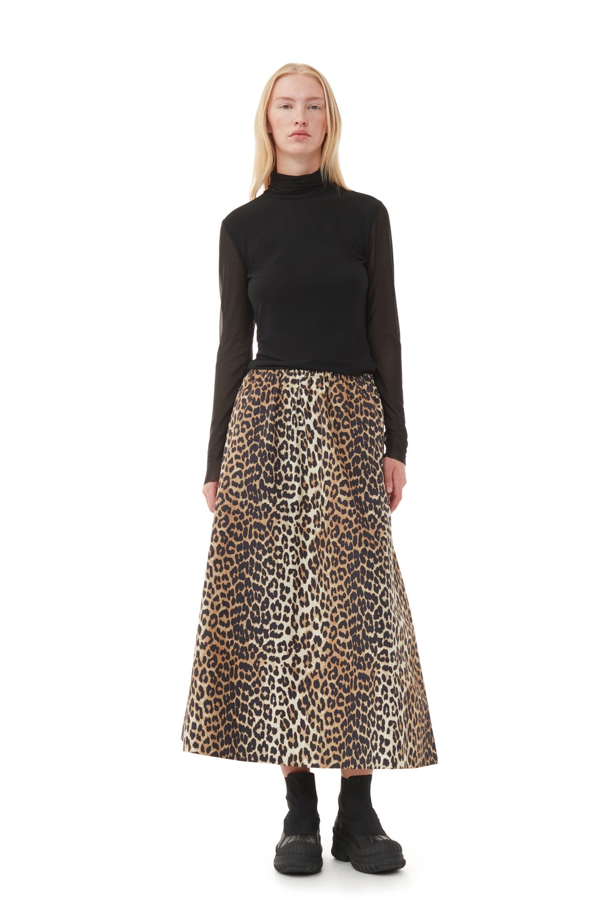 Printed Cotton Long Smock Skirt - Leopard