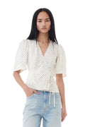 Crinkled Satin Wrap Blouse - Egret