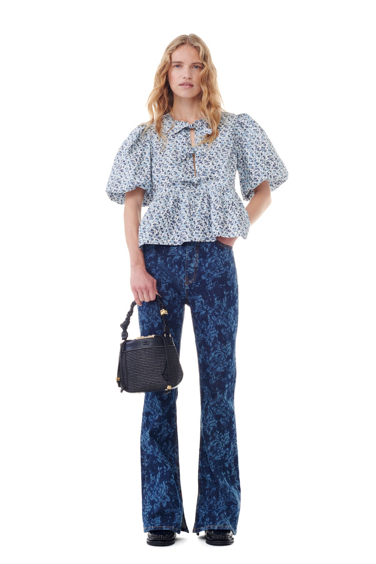 Printed Cotton Poplin Peplum Blouse - Glacier Lake