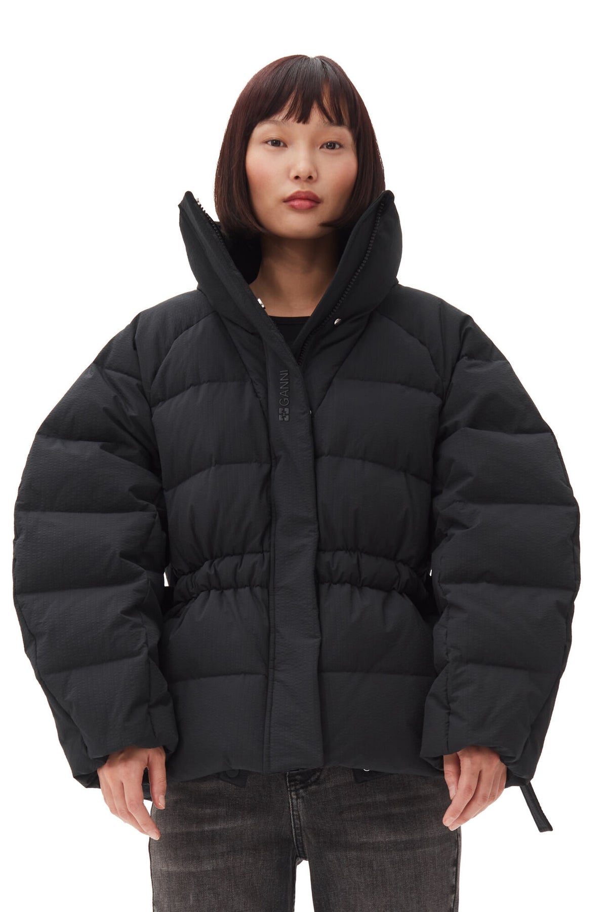 Tech Seersucker Oversized Puffer Jacket - Black