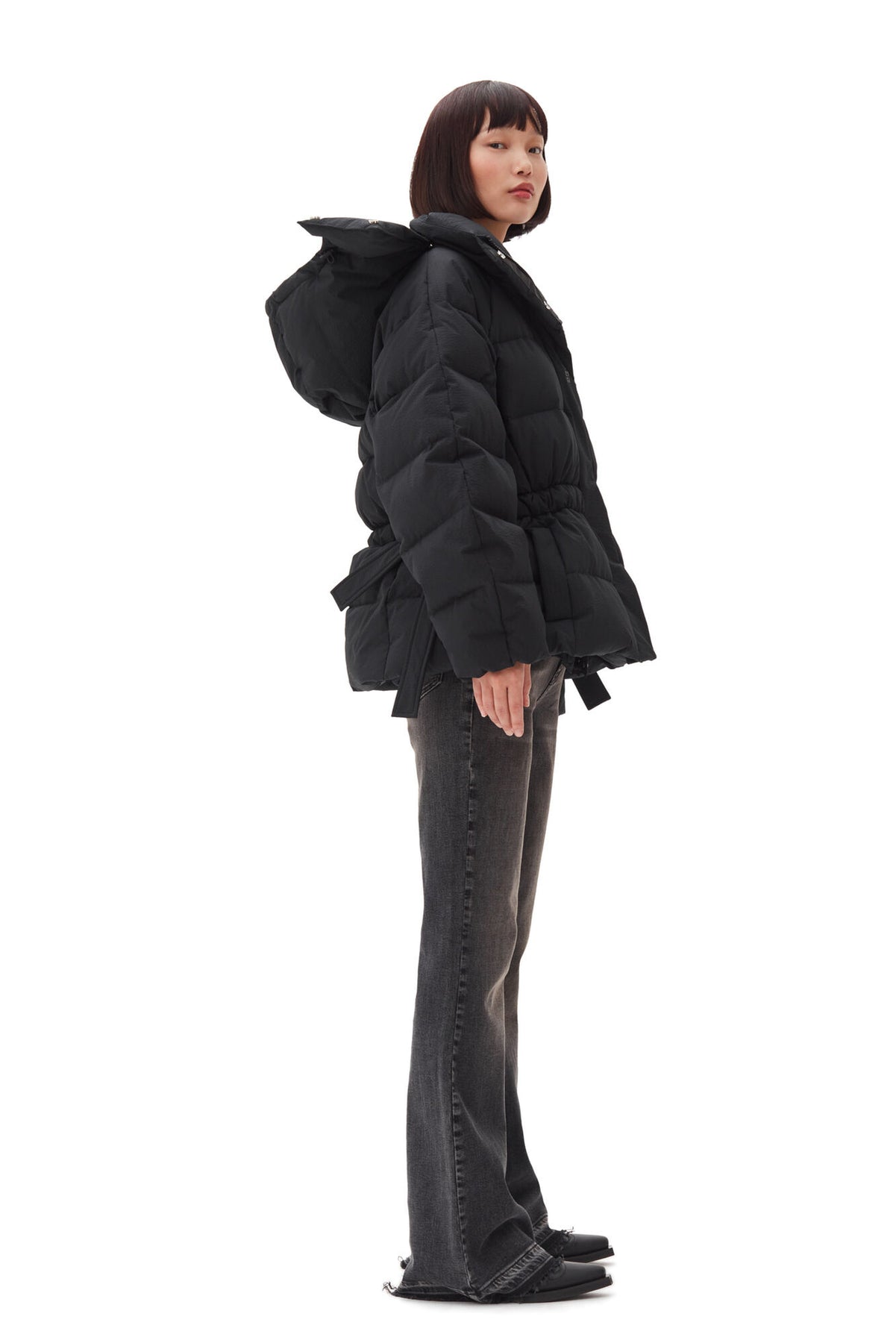 Tech Seersucker Oversized Puffer Jacket - Black
