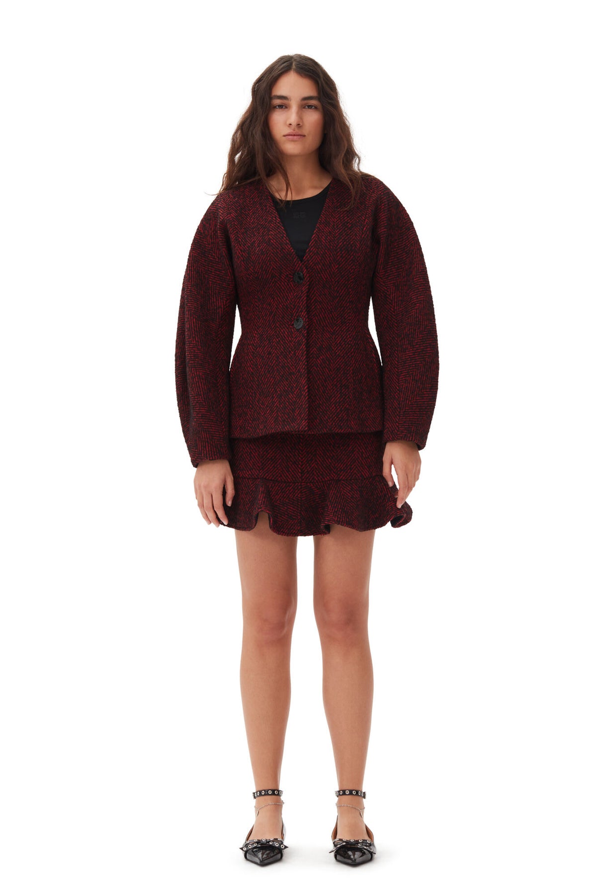 Herringbone Wool Curve Sleeve Blazer - Winery