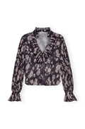 Pleated Georgette V-Neck Flounce Blouse - Phantom