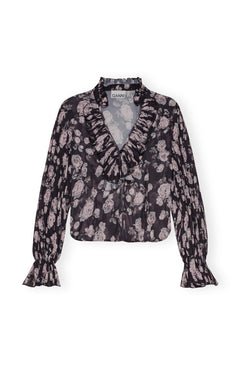 Pleated Georgette V-Neck Flounce Blouse - Phantom