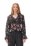 Pleated Georgette V-Neck Flounce Blouse - Phantom
