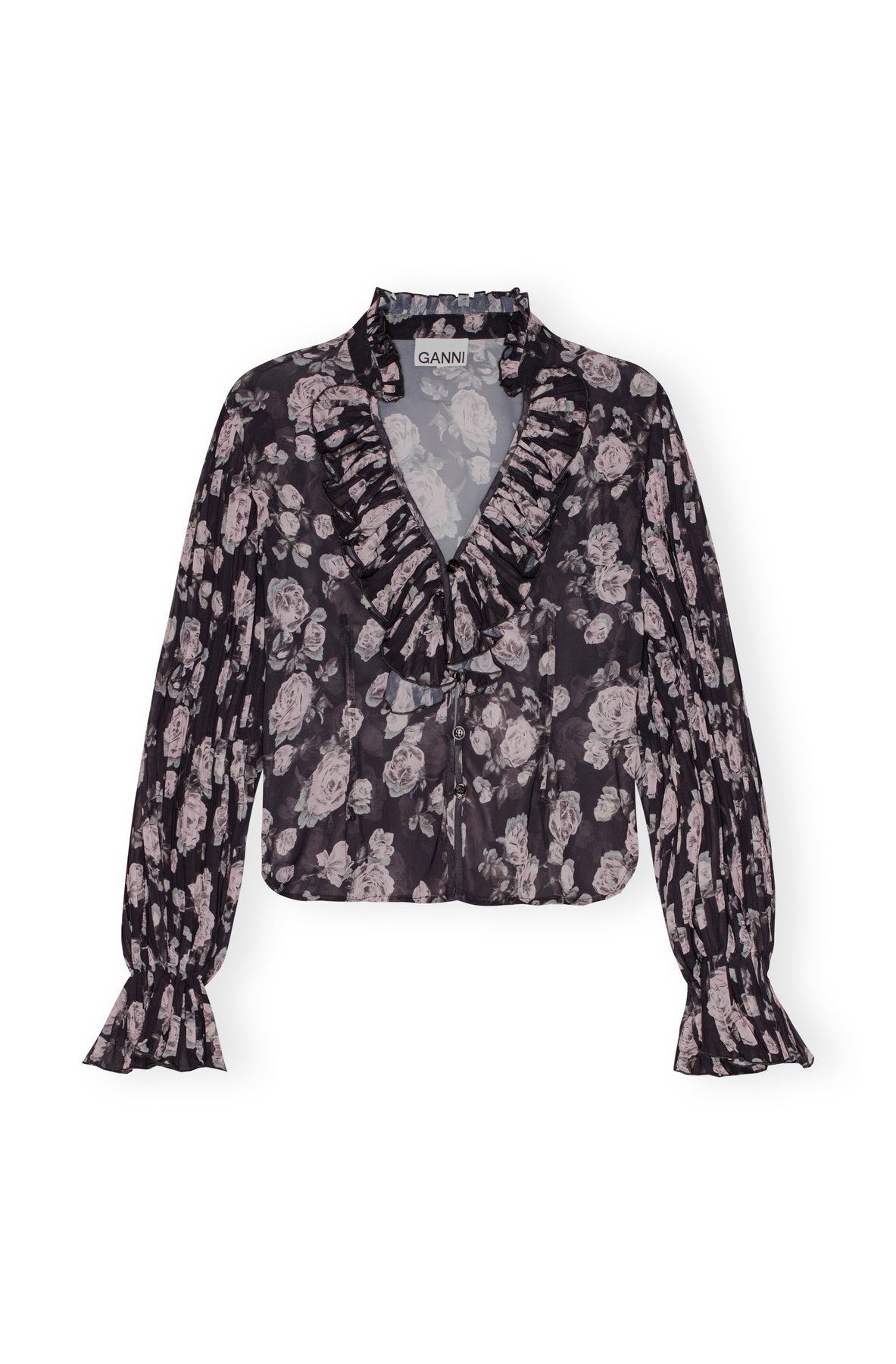 Pleated Georgette V-Neck Flounce Blouse - Phantom
