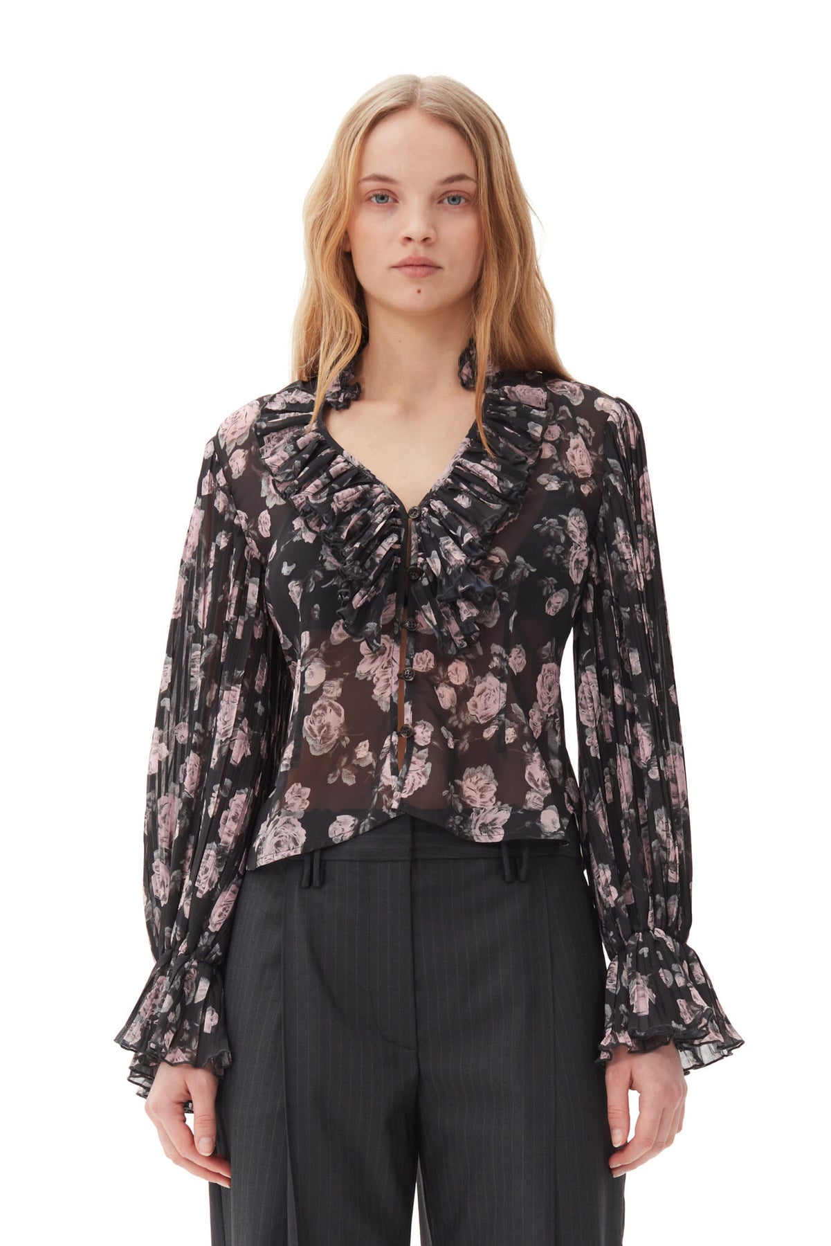 Pleated Georgette V-Neck Flounce Blouse - Phantom