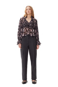 Pleated Georgette V-Neck Flounce Blouse - Phantom