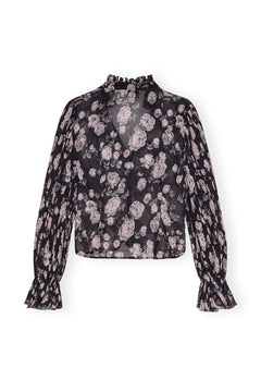 Pleated Georgette V-Neck Flounce Blouse - Phantom