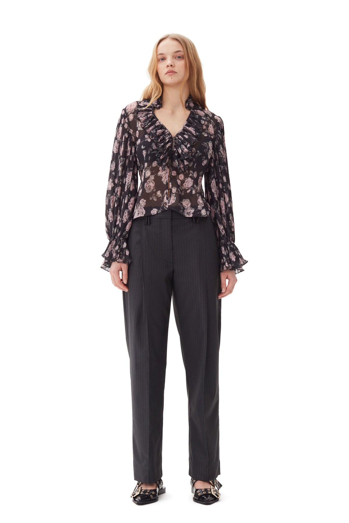 Pleated Georgette V-Neck Flounce Blouse - Phantom