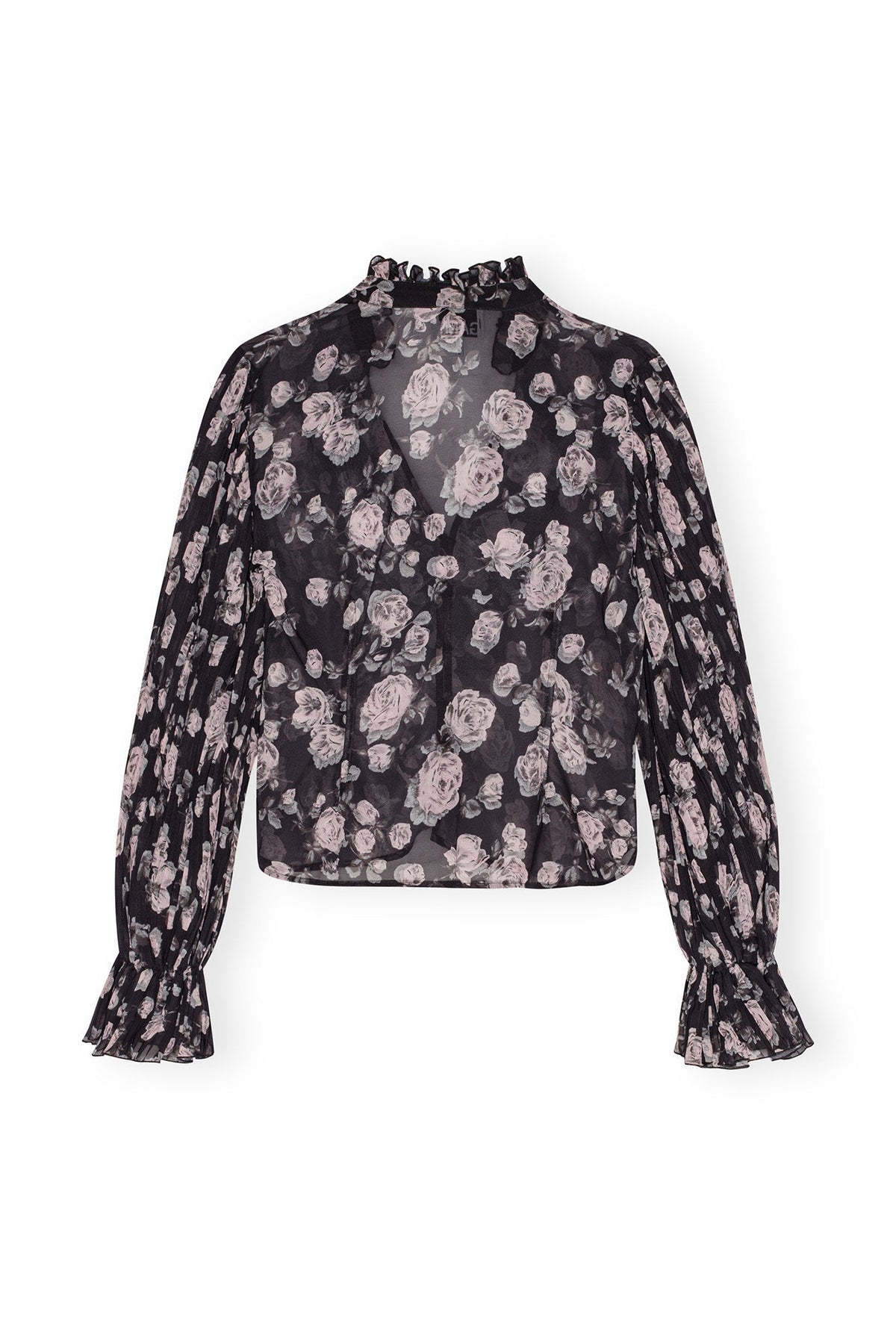 Pleated Georgette V-Neck Flounce Blouse - Phantom