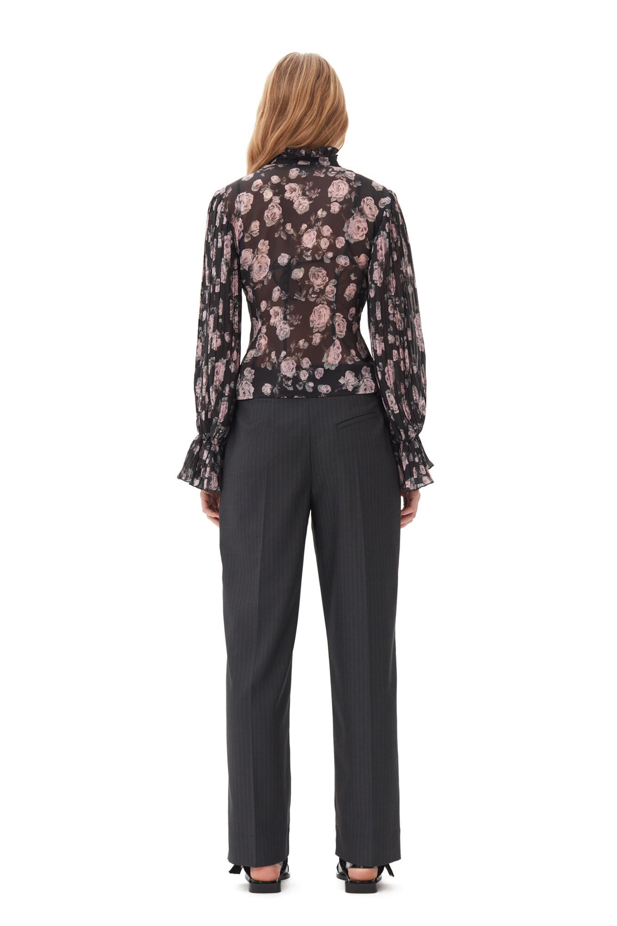 Pleated Georgette V-Neck Flounce Blouse - Phantom