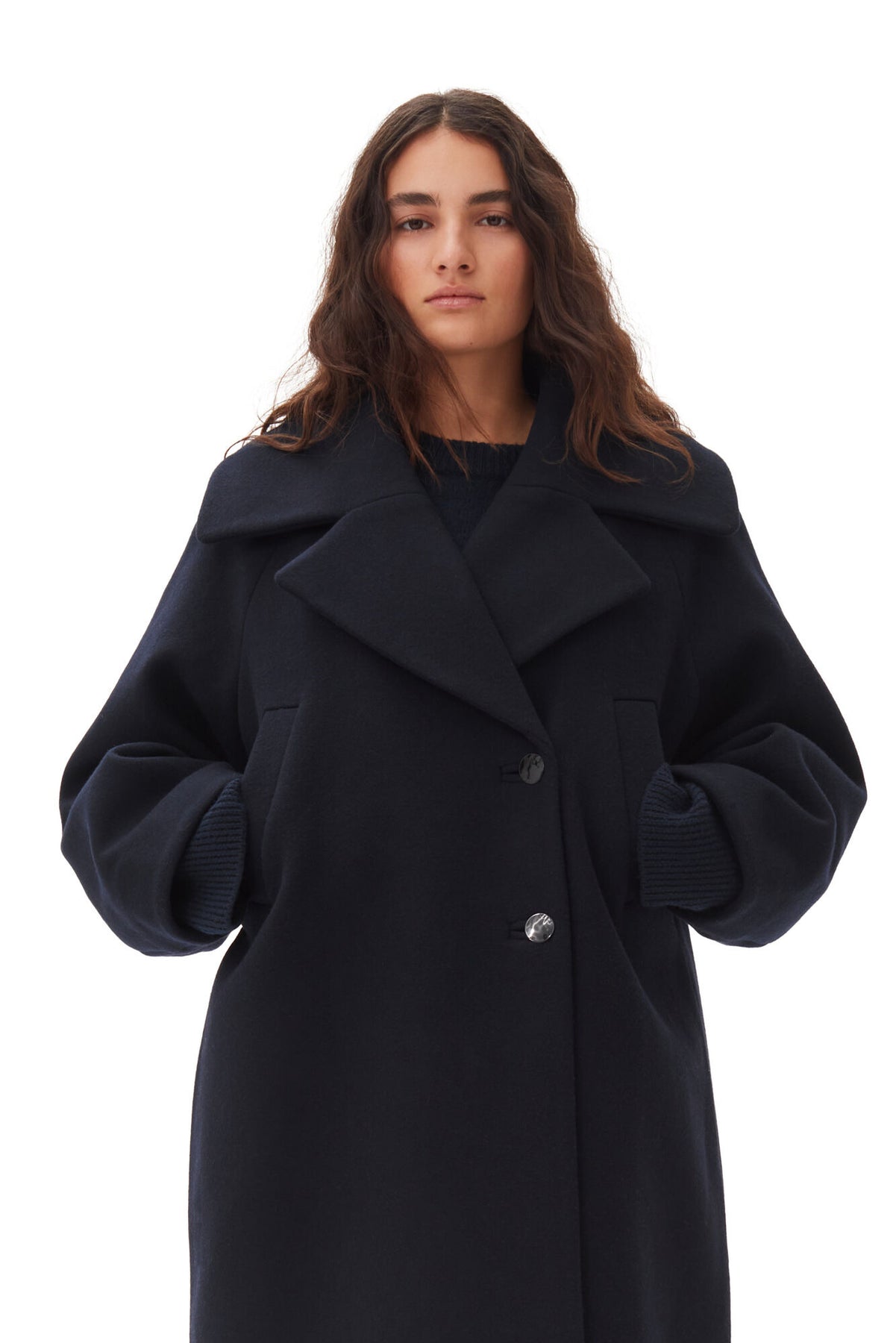 Boiled Wool Large Collar Coat - Sky Captain