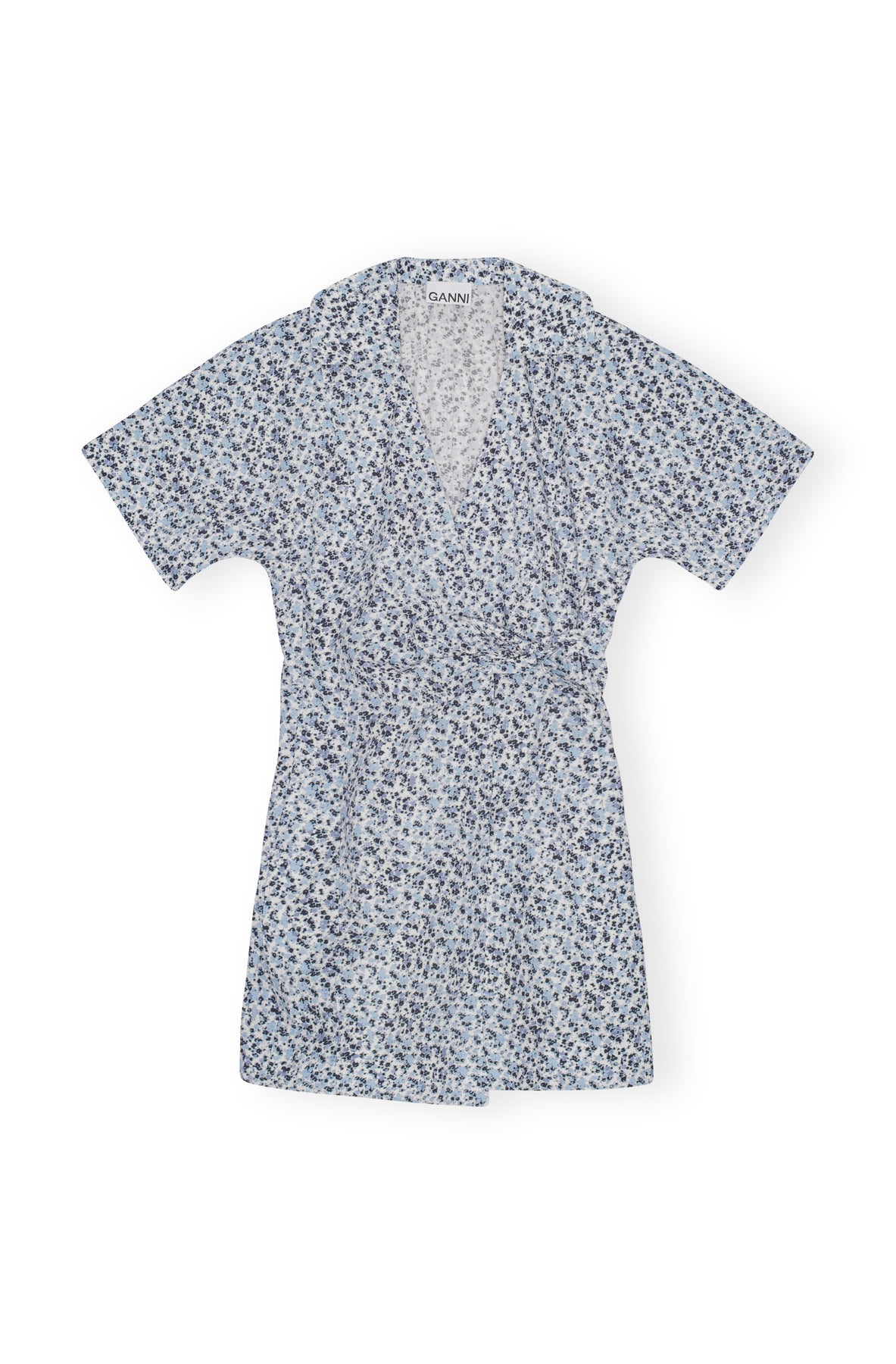 Ganni Printed Cotton Wrap Mini Dress - Glacier Lake