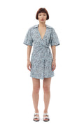 Ganni Printed Cotton Wrap Mini Dress - Glacier Lake