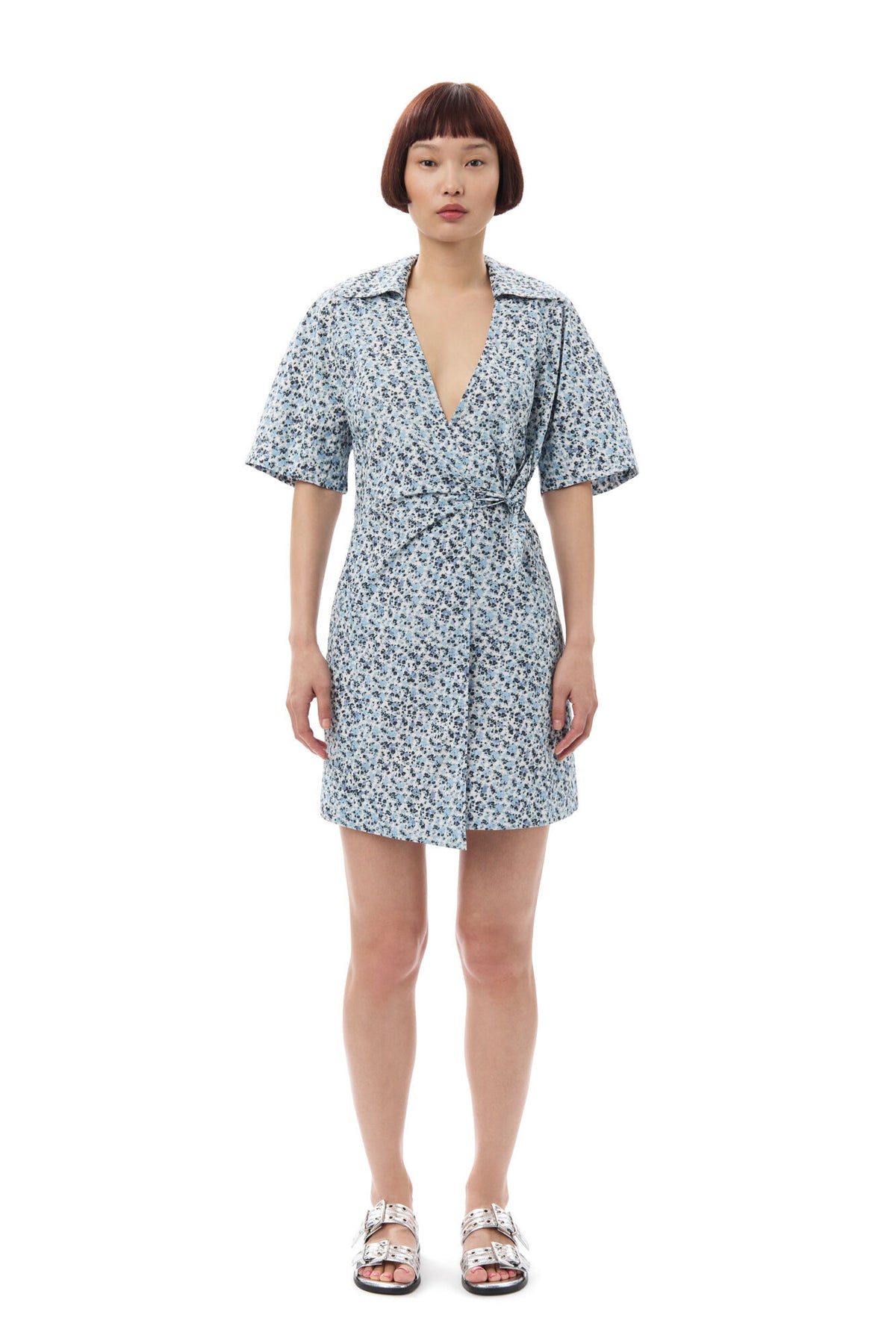 Ganni Printed Cotton Wrap Mini Dress - Glacier Lake