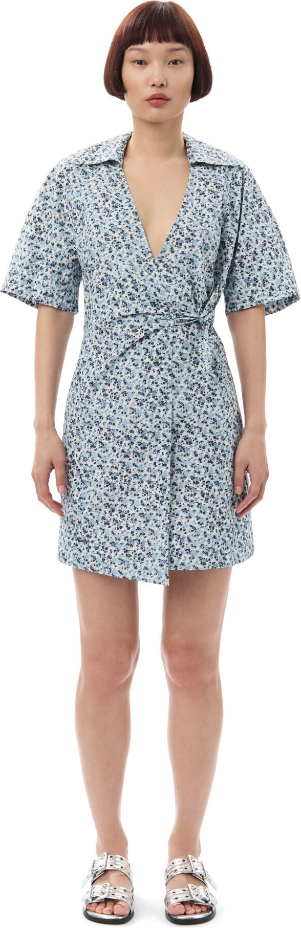 Printed Cotton Wrap Mini Dress - Glacier Lake