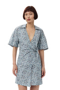 Ganni Printed Cotton Wrap Mini Dress - Glacier Lake