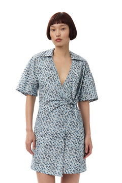 Printed Cotton Wrap Mini Dress - Glacier Lake