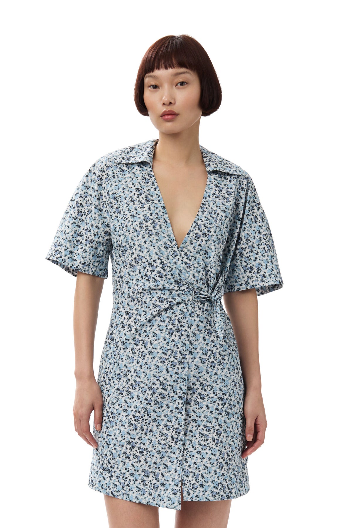 Ganni Printed Cotton Wrap Mini Dress - Glacier Lake