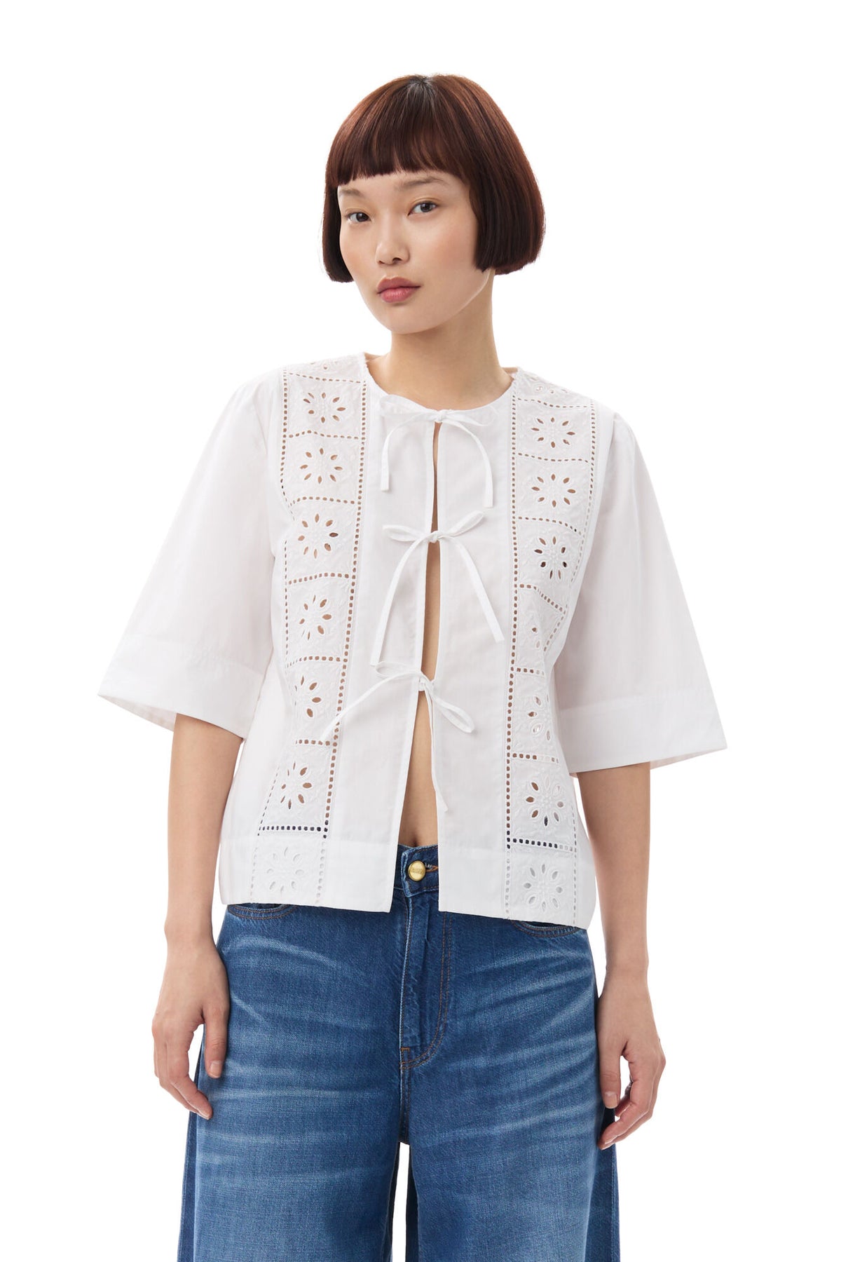 Broderie Anglaise Tie Blouse - Bright White