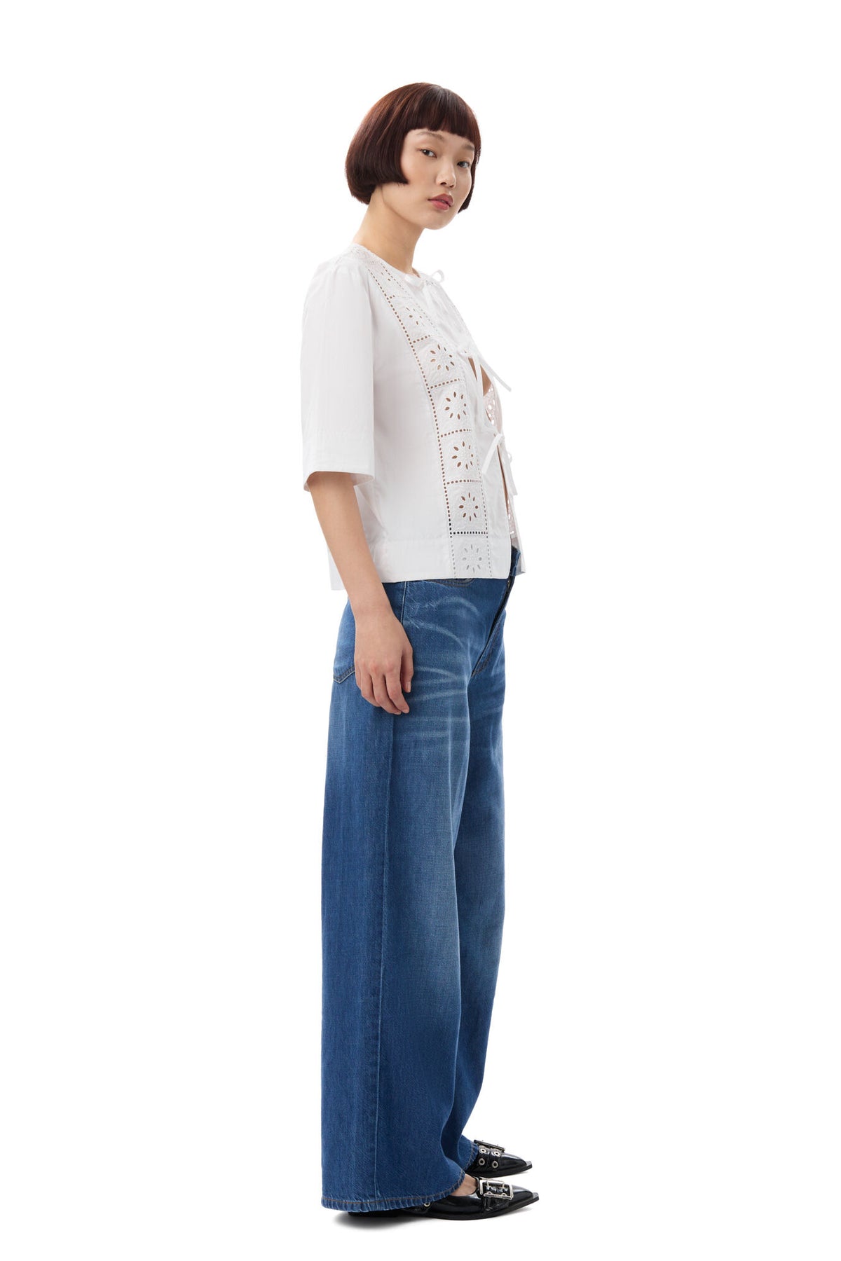 Broderie Anglaise Tie Blouse - Bright White
