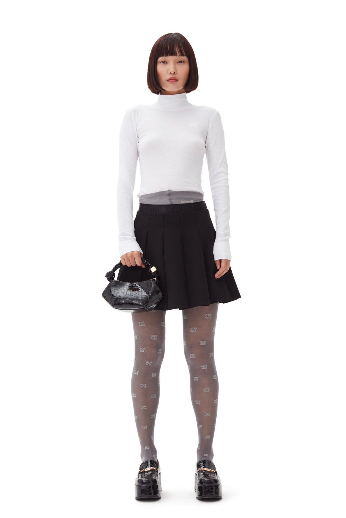 Light Twill Pleated Mini Skirt - Black