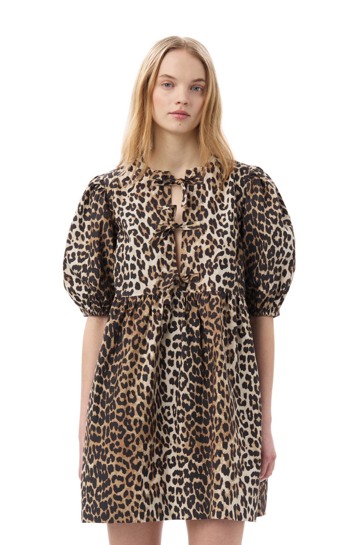Printed Cotton Tie String Mini Dress - Leopard