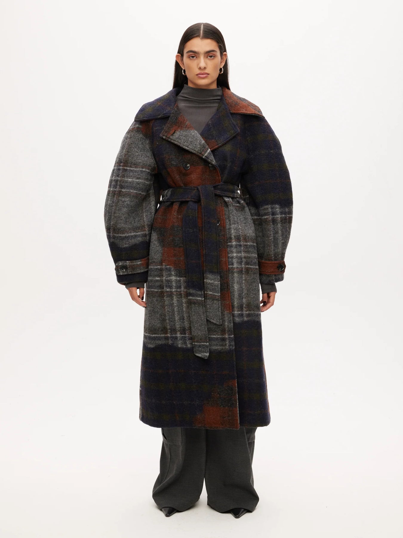 Wool Trench Coat - Dark Patchwork Check