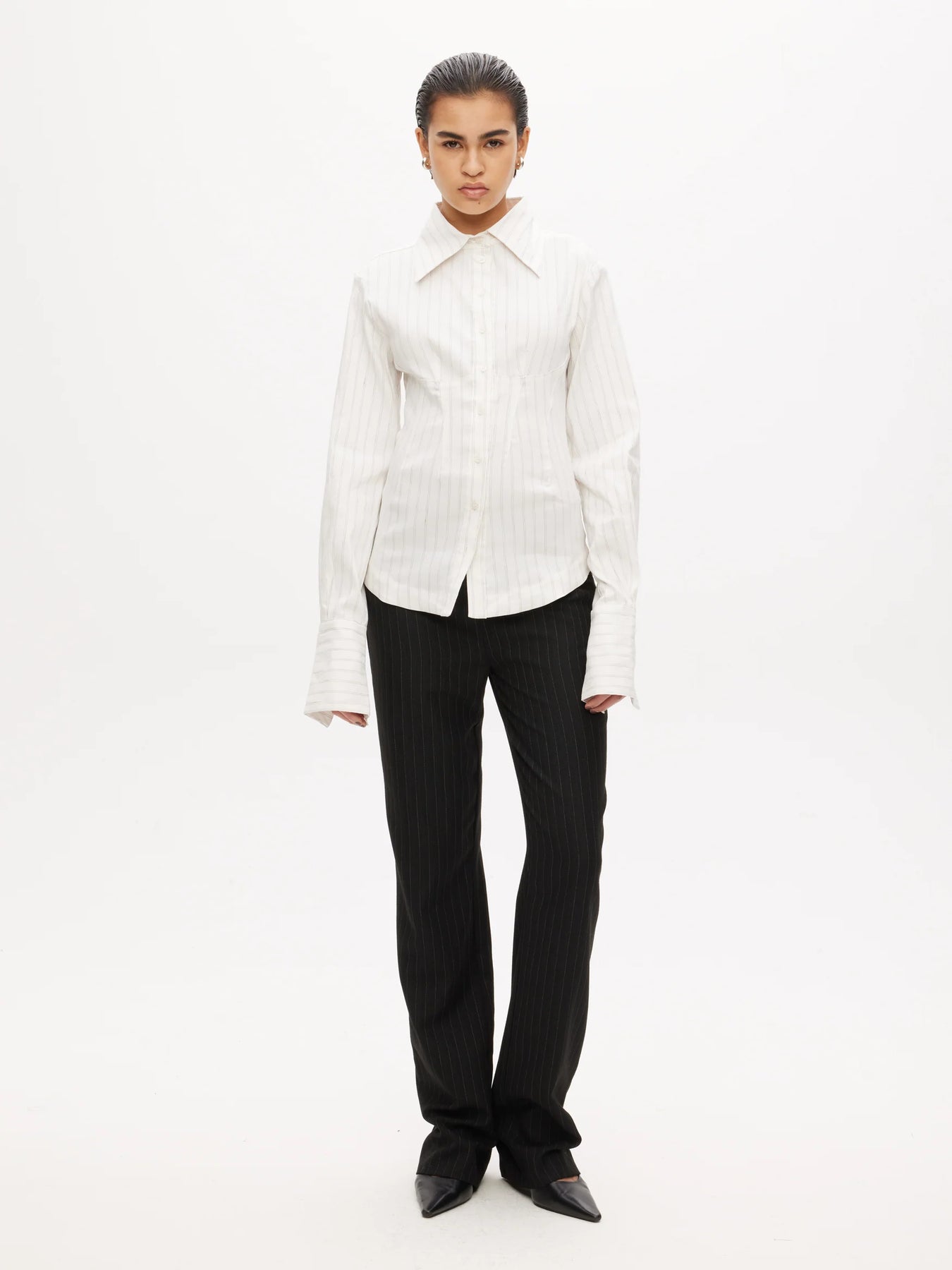 Fitted Bustier Shirt - White Pinstripe