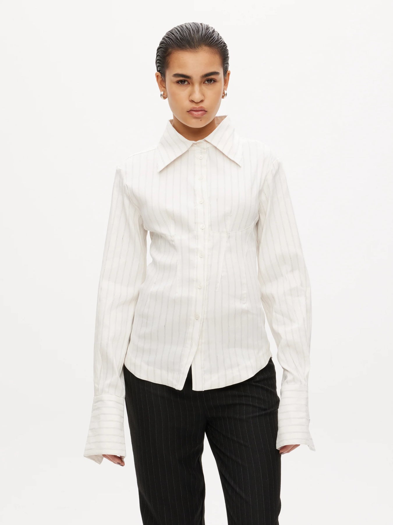 Fitted Bustier Shirt - White Pinstripe