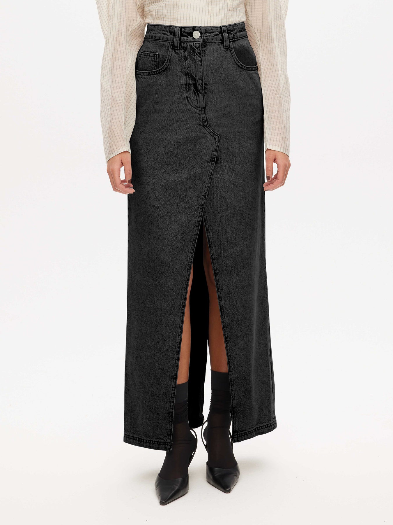 Long Denim Skirt - Deep Black Washed Denim