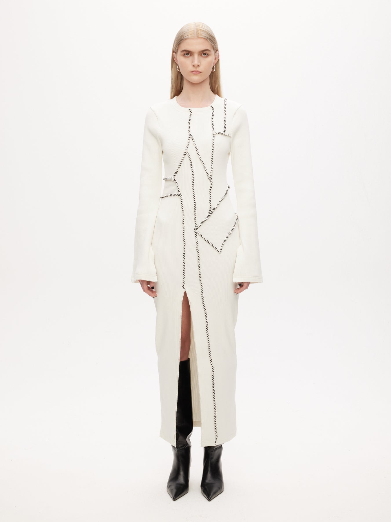 Rib Patchwork Dress - Off-White
