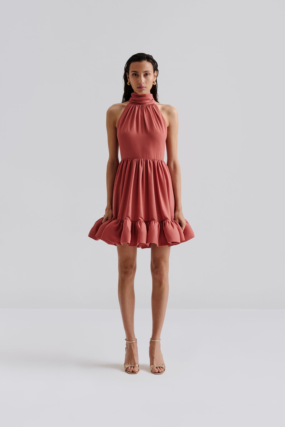 Fern Halterneck Ruffled Mini Dress - Terracotta