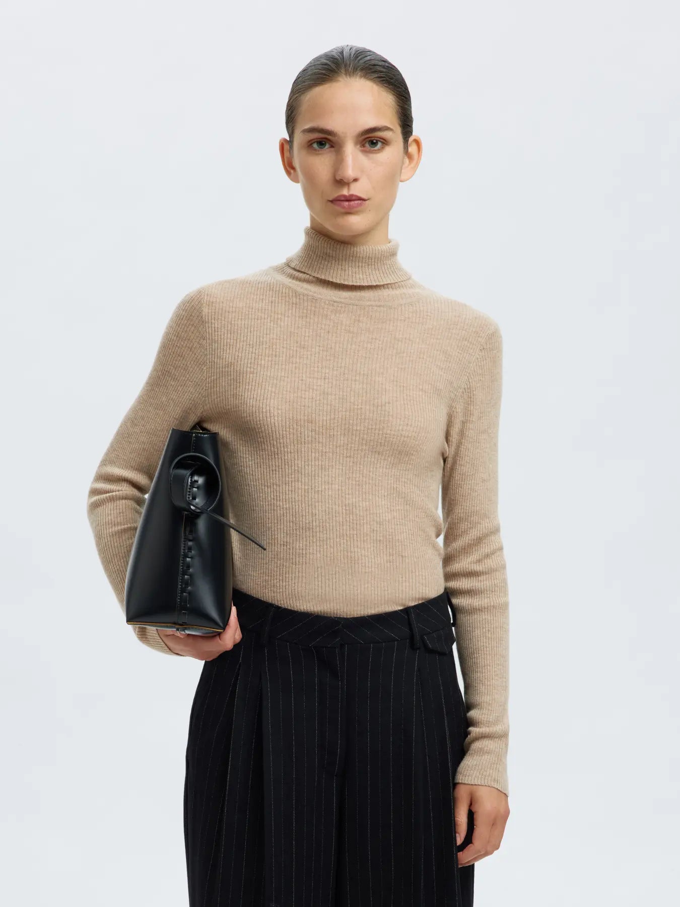 Ingrid Ls Knit Wool Blend Roll Neck - Island Fossil Melange