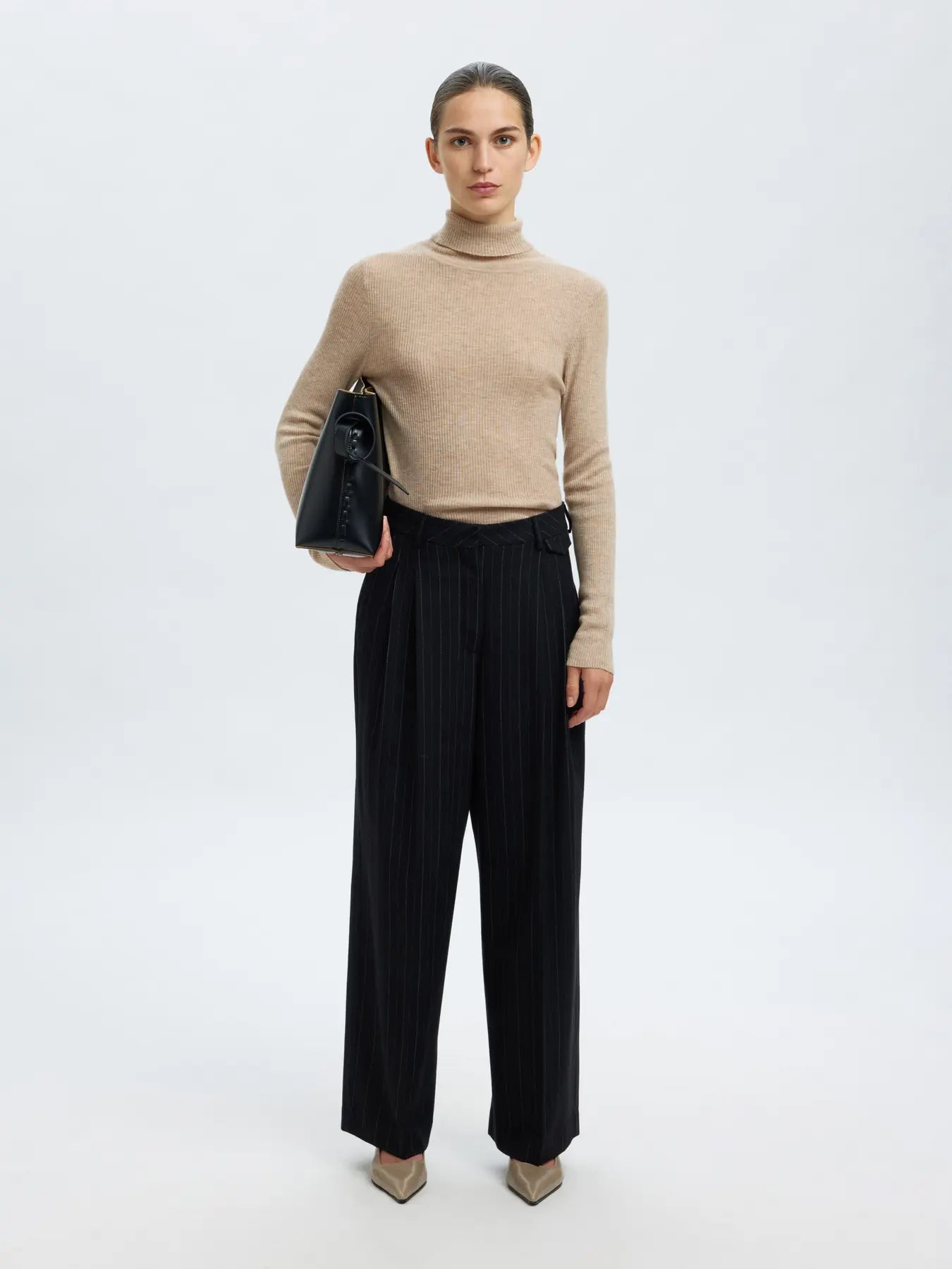 Ingrid Ls Knit Wool Blend Roll Neck - Island Fossil Melange