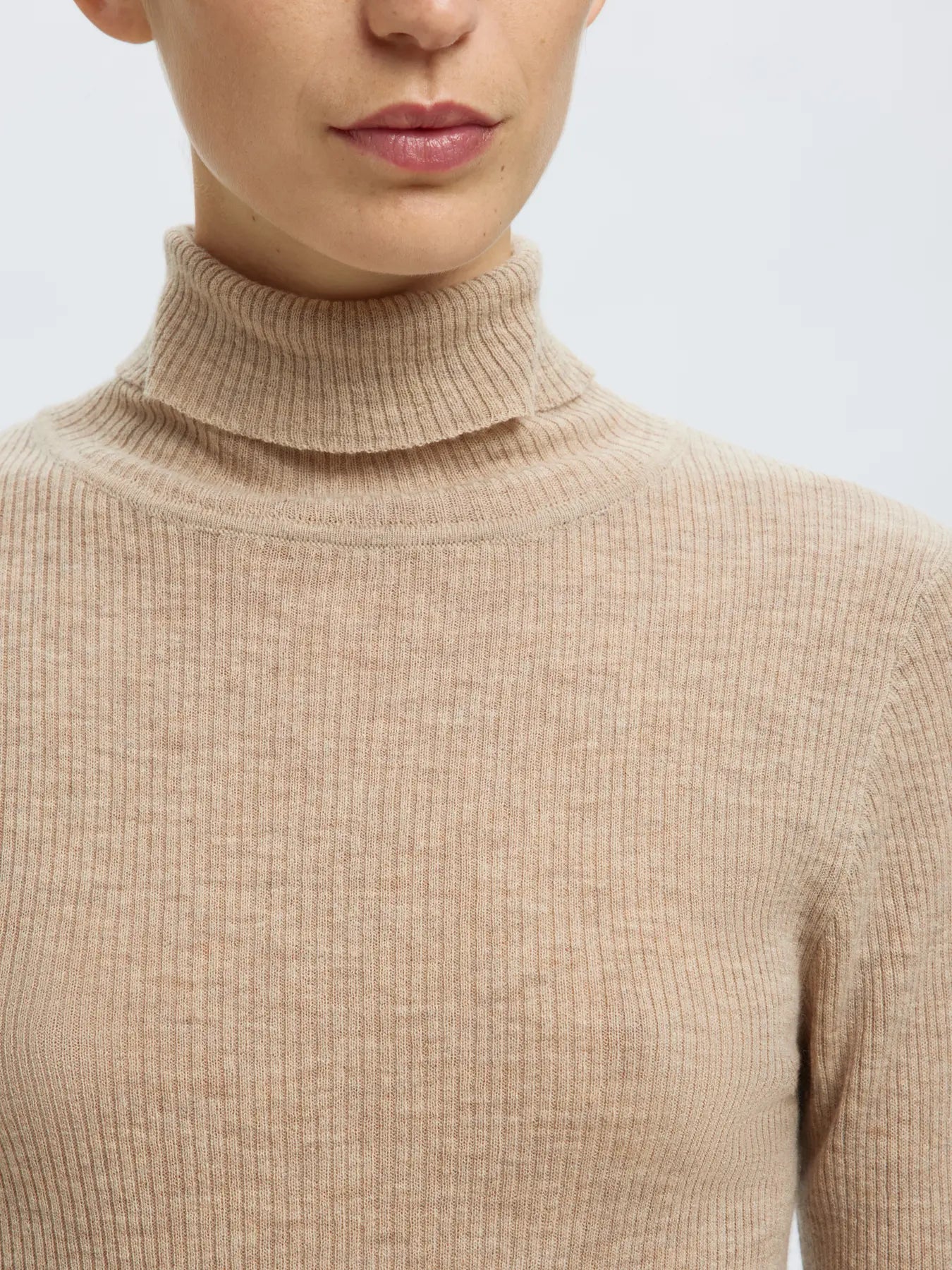 Ingrid Ls Knit Wool Blend Roll Neck - Island Fossil Melange