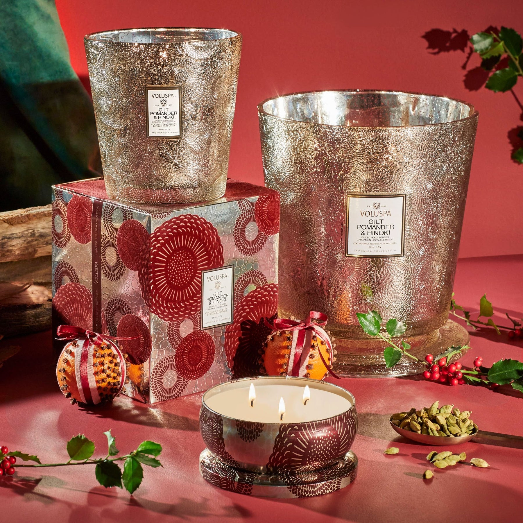 Voluspa Gilt Pomander & Hinoki 3 Wick Tin Candle