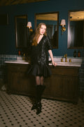 Satin Cloque Mini V-Neck Dress - Svart