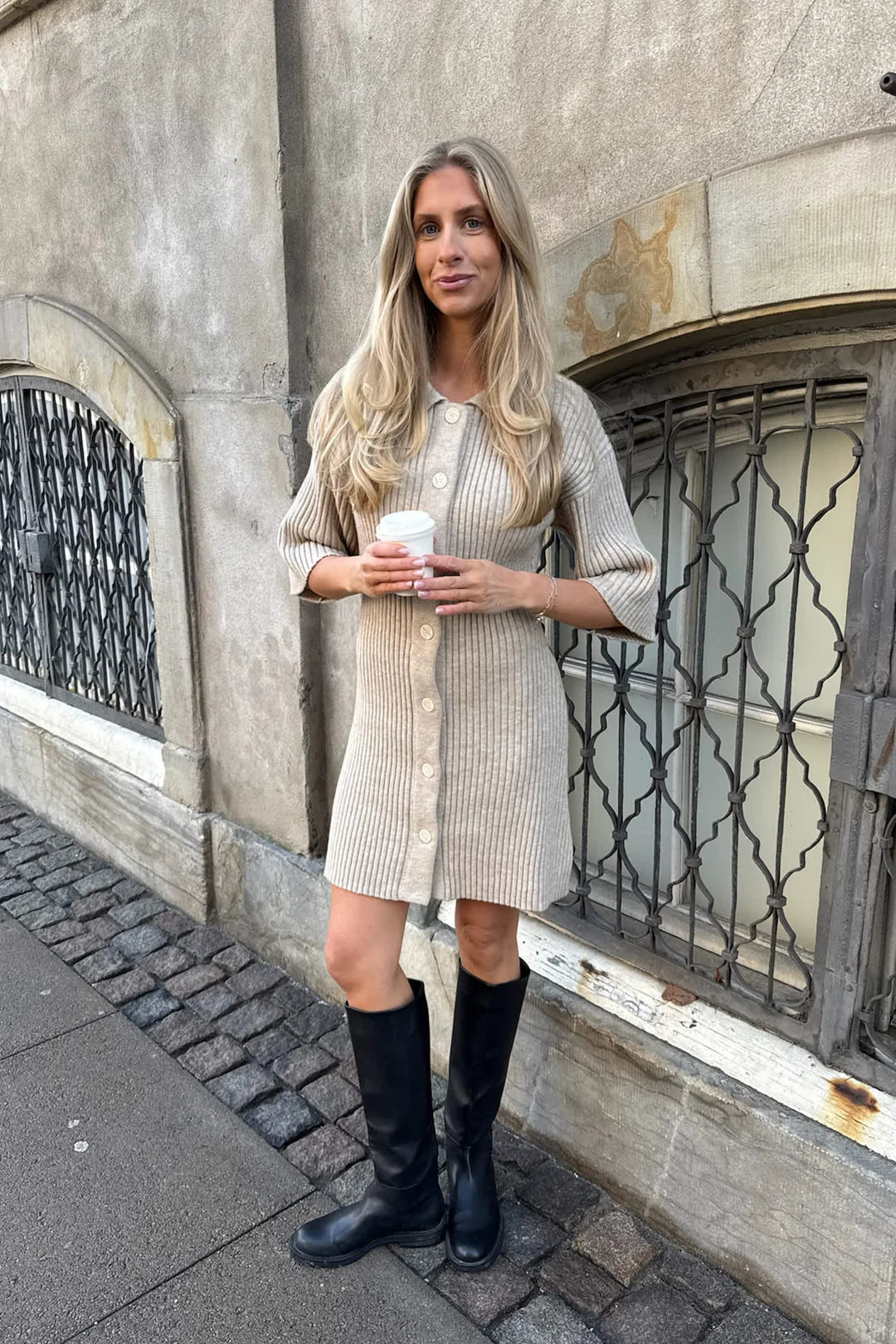 Oliviaic Knit Dress - Ribbad beige