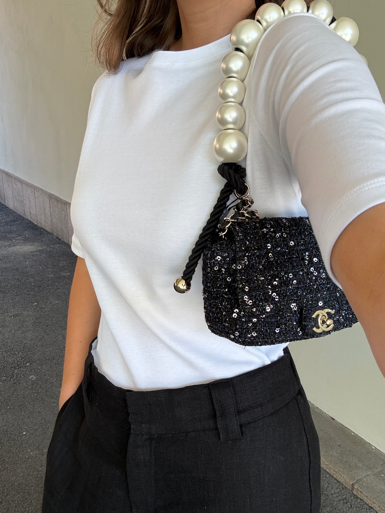 Chanel Tweed Pearl Single Flap Bag Mini - Svart