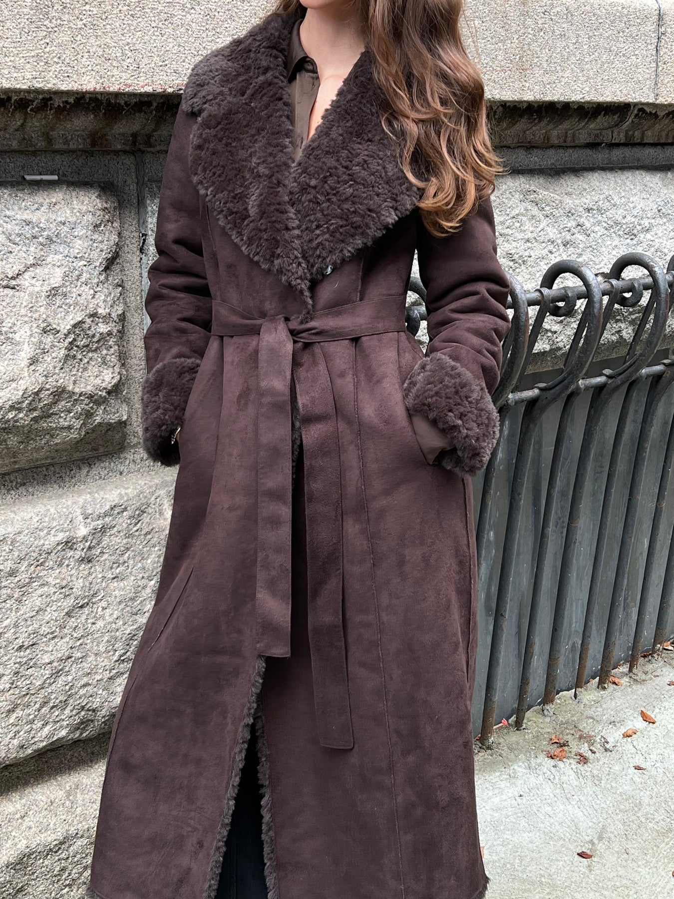 Terry Faux Shearling Coat - Dark Brown