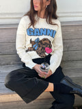 GANNI Graphic Wool Mix Fluffy Puppy Love Crewneck - Egret