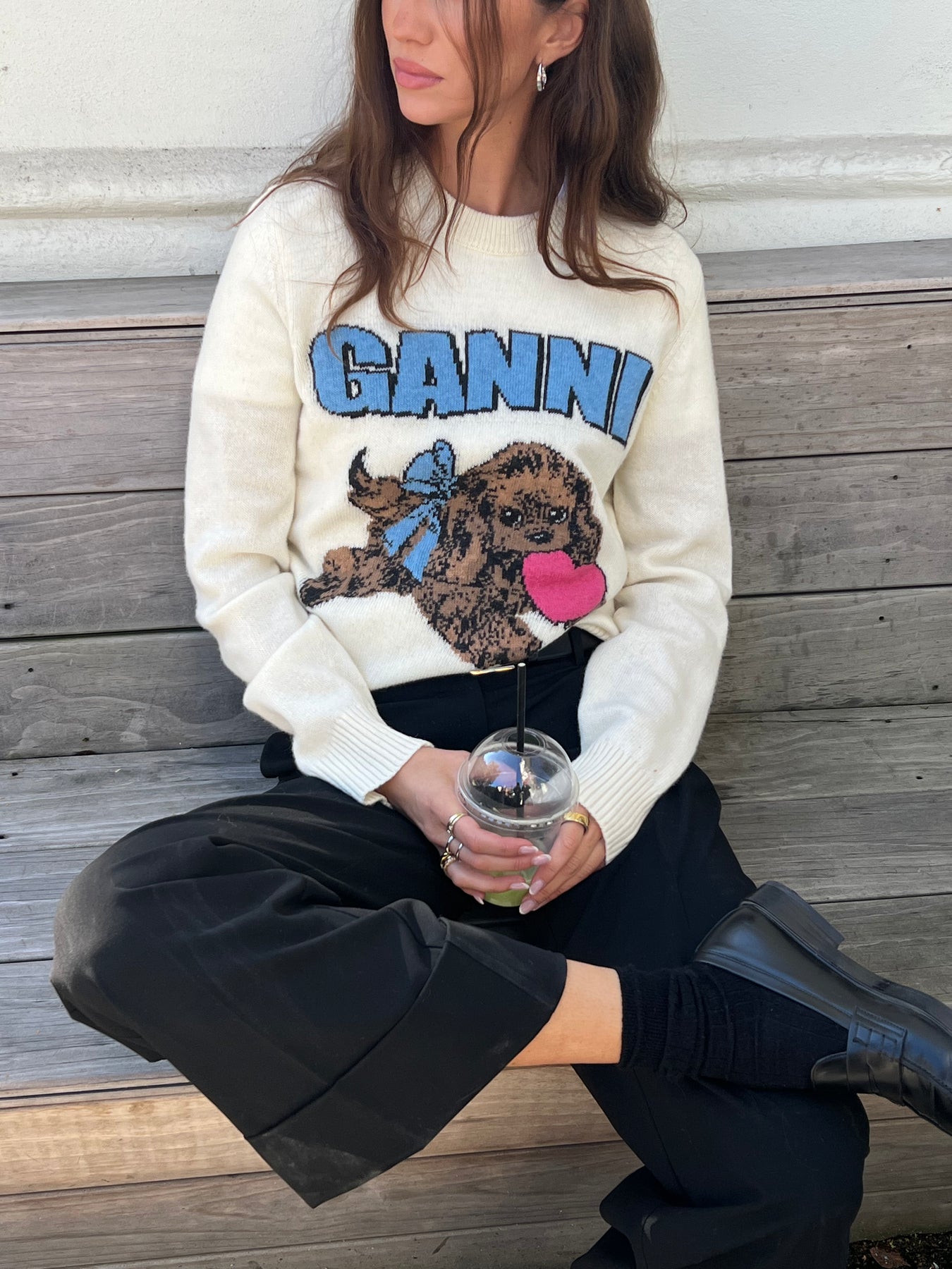 GANNI Graphic Wool Mix Fluffy Puppy Love Crewneck - Egret