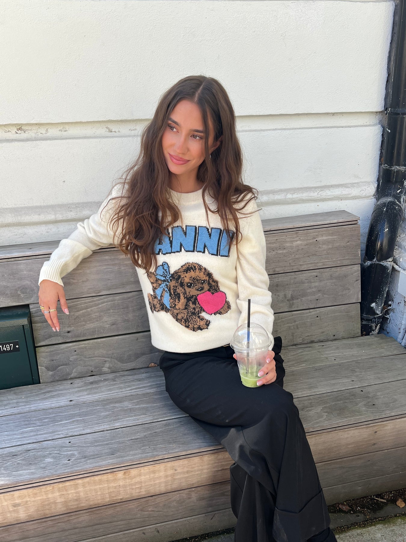 GANNI Graphic Wool Mix Fluffy Puppy Love Crewneck - Egret