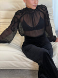 Magdalena Silk Smocked Long Sleeve Blouse - Noir