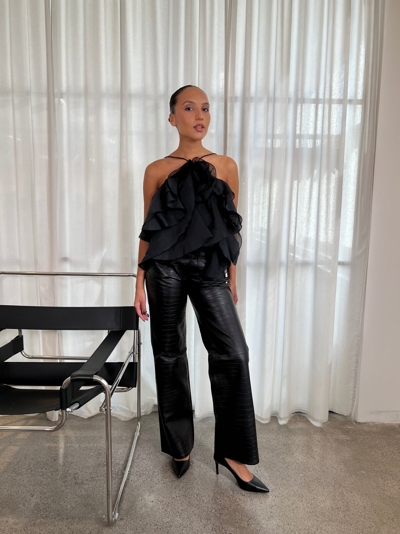 Kansu Croco-Effect Leather Pants - Anthracite Black
